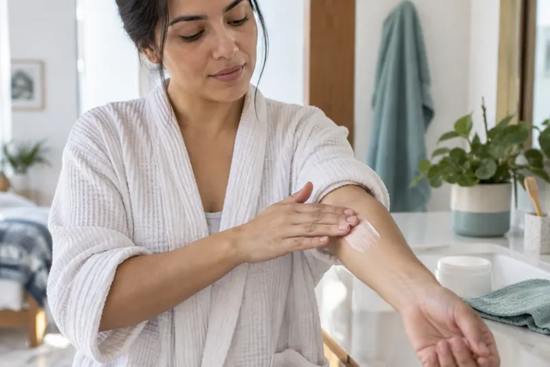 Mujer aplicando crema emoliente en el antebrazo para cuidar la barrera cut&aacute;nea