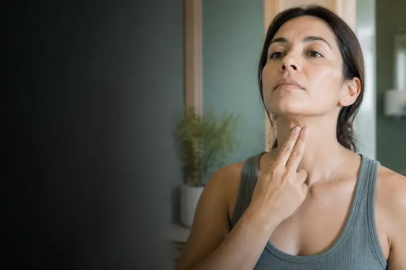 Mujer adulta revisándose el cuello a la altura de la tiroides
