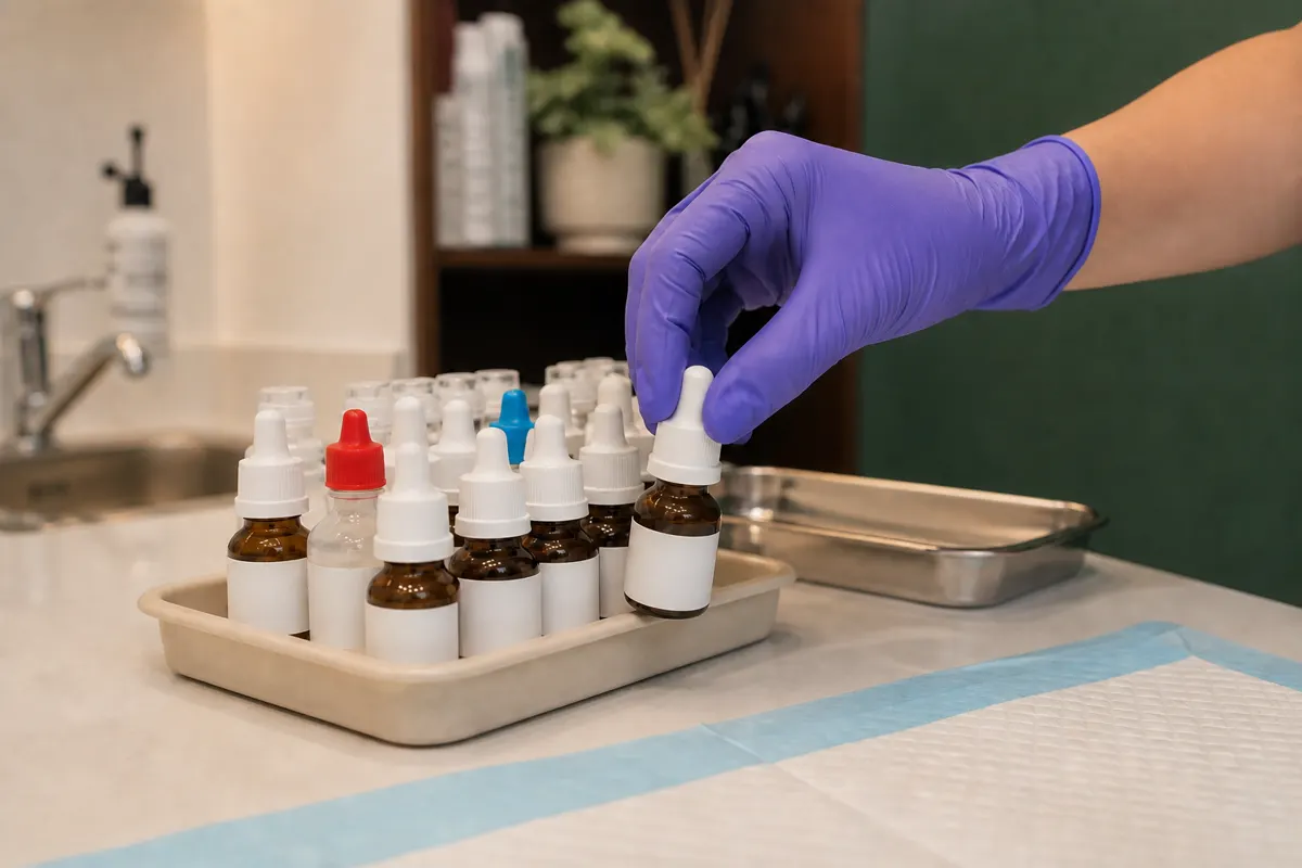 Viales preparados para pruebas cutáneas de alergia en el consultorio de Puebla